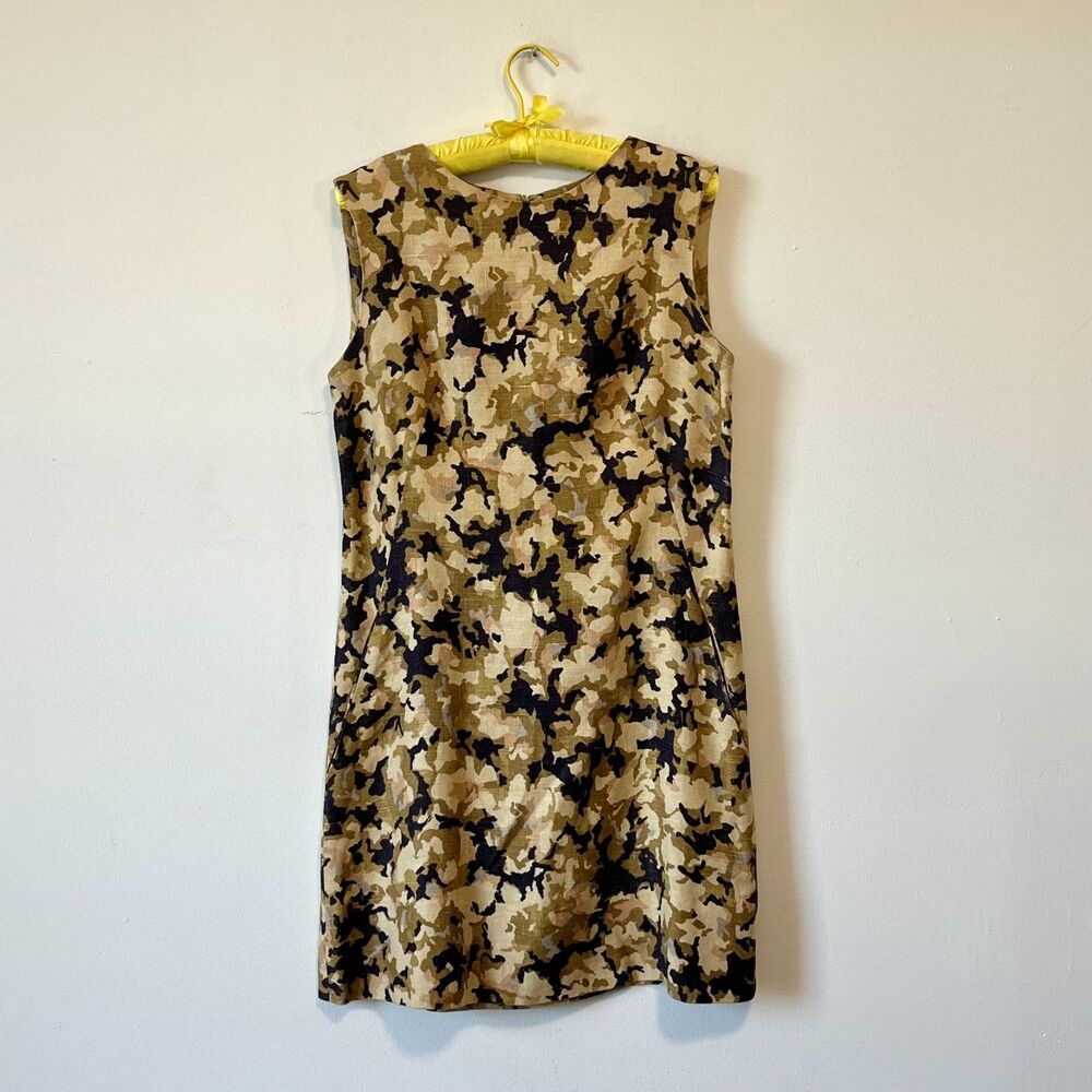 Vintage Handmade Camo Print Tank Shift Dress Heavyweight Linen Pockets